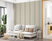 Living area wall with soft striped wallpaper in sage and beige tones., GD9793