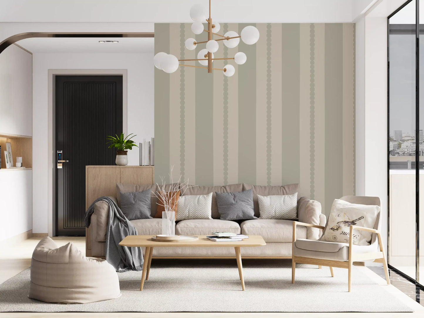 Living room accent wall with sage cream scallop dot stripe wallpaper., GD9793