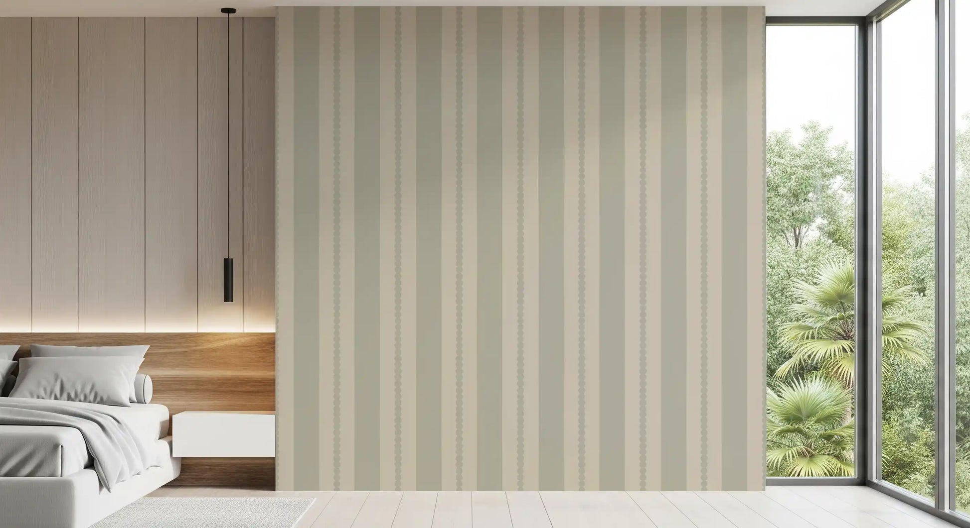 Classic neutral stripe wallpaper with dot trim in off-white and sage., GD9793