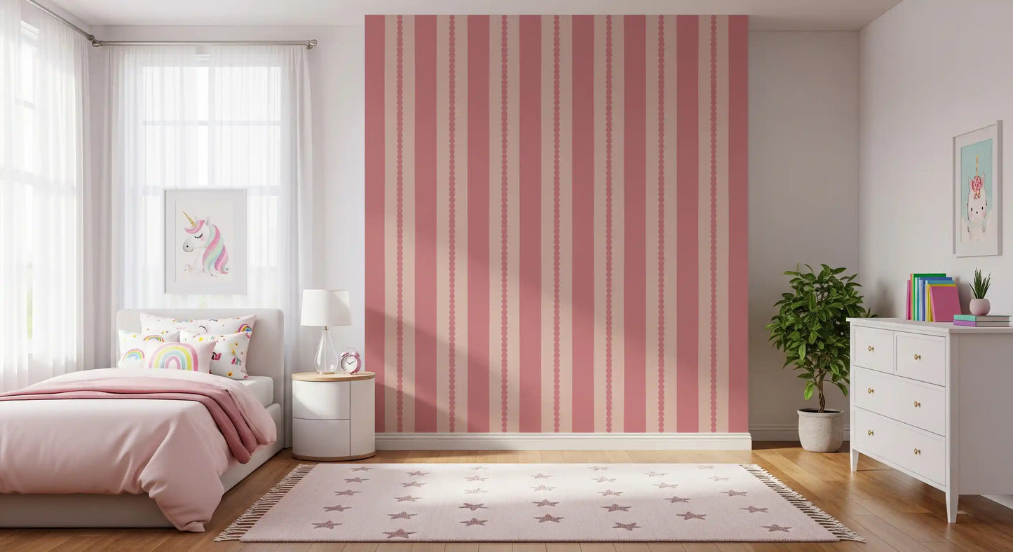 Blush stripe wallpaper showing scallop dot chain detail in girls bedroom.
