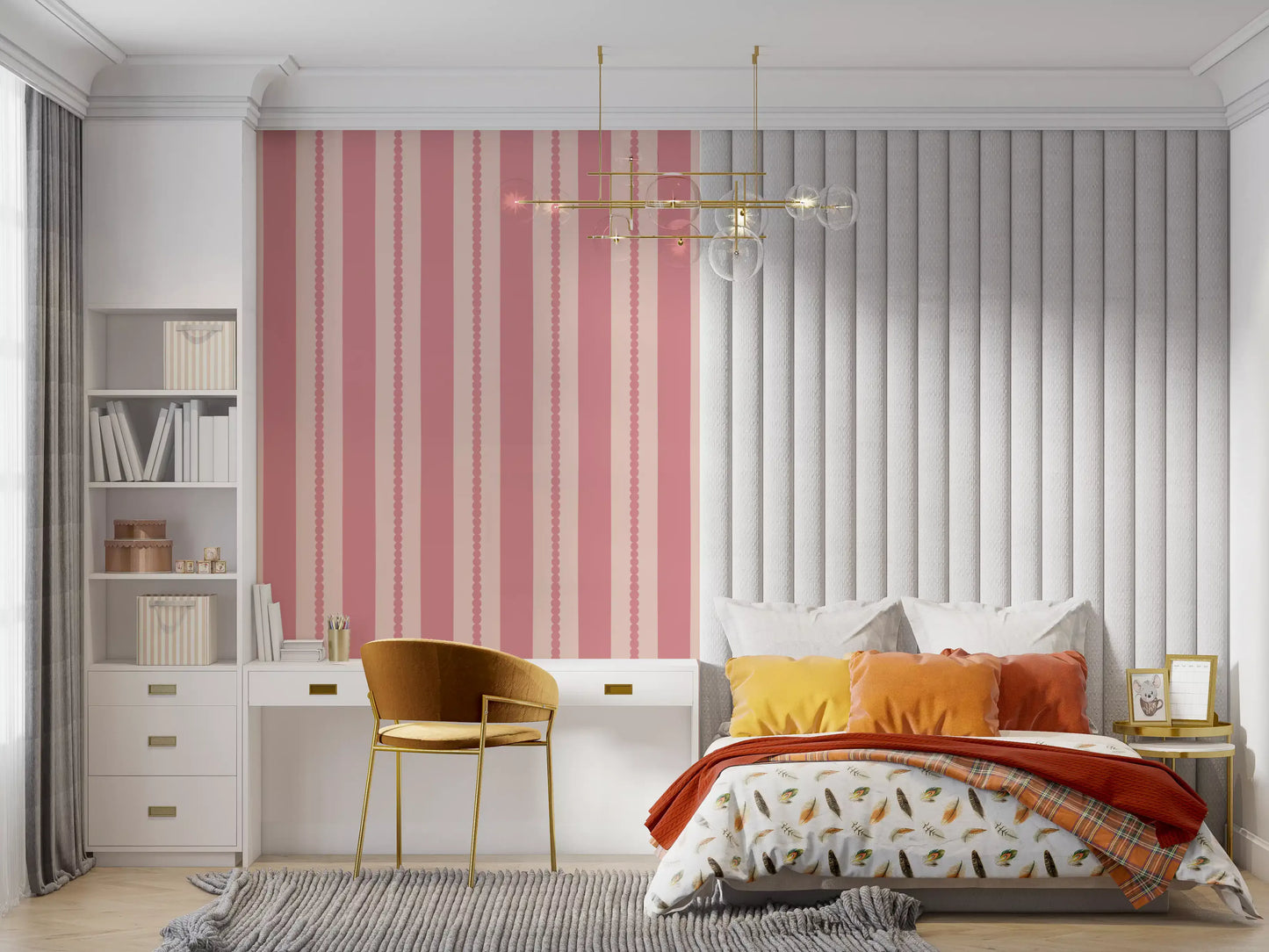 Matte blush pink stripe wallpaper with repeating vertical scallop design.