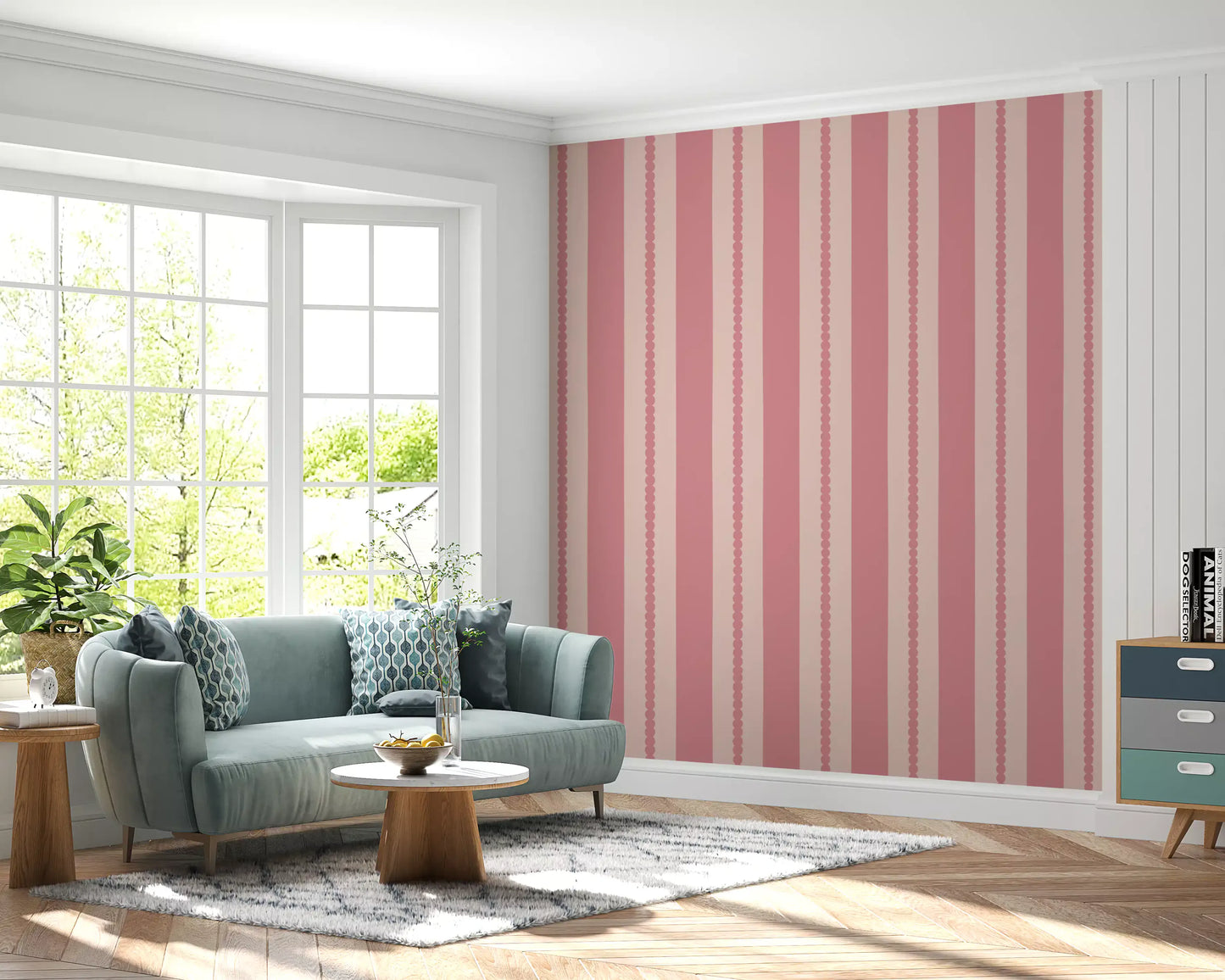 Pink scallop stripes wallpaper with dotted pattern in a living room.