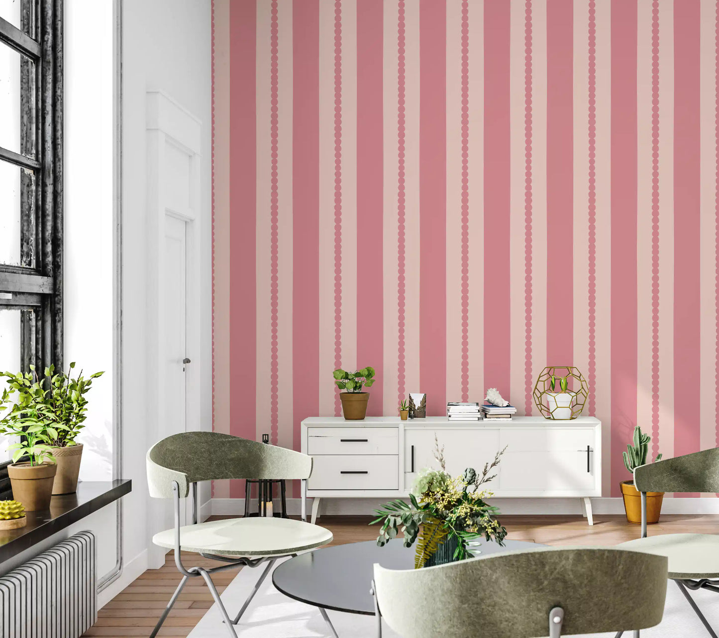 Dusty rose stripe wallpaper in pink and cream tone for hallway.