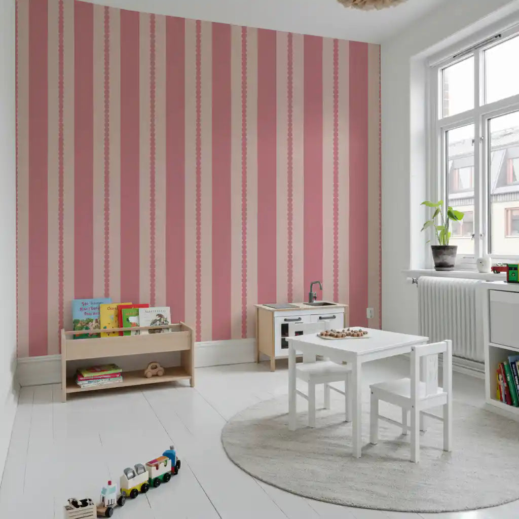 Blush scallop stripe wallpaper with circular repeat pattern in kids playroom.