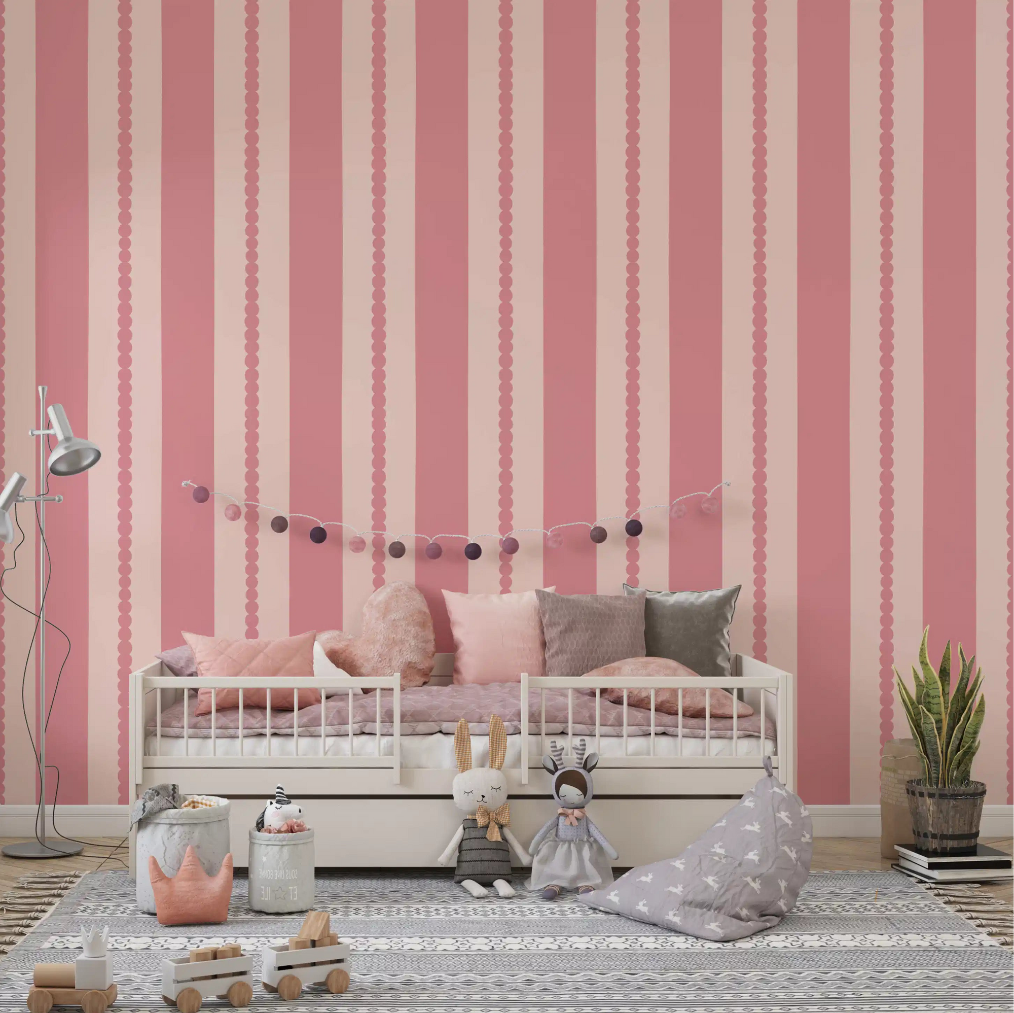 Blush scallop stripes wallpaper with soft pink and dusty rose vertical bands in nursery., GD9794