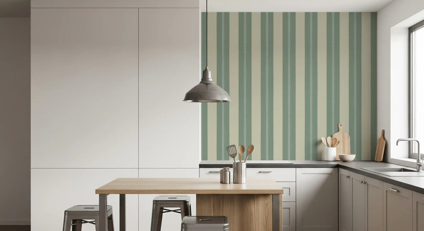 Dotted centre stripe on sage beige vertical stripe wallpaper in kitchen., GD9795