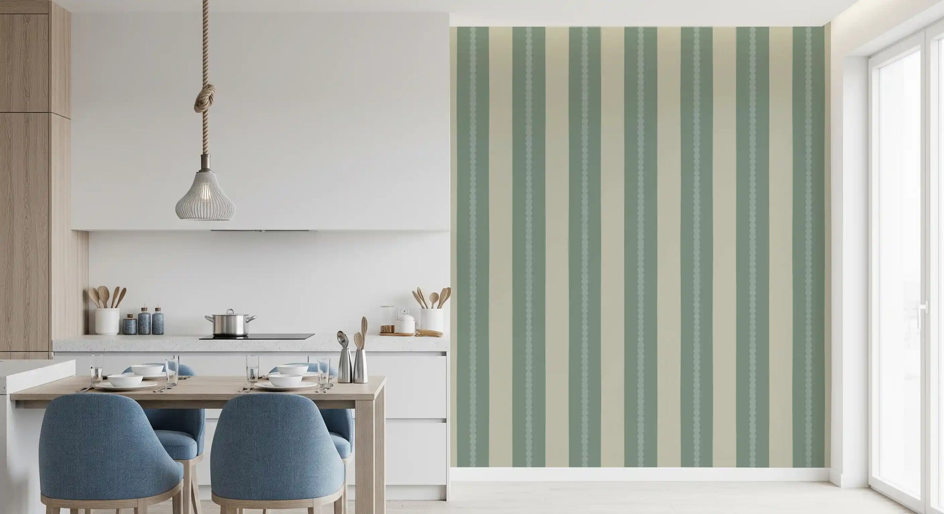 Sage and beige striped wallpaper showing full pattern repeat with decorative dot line., GD9795