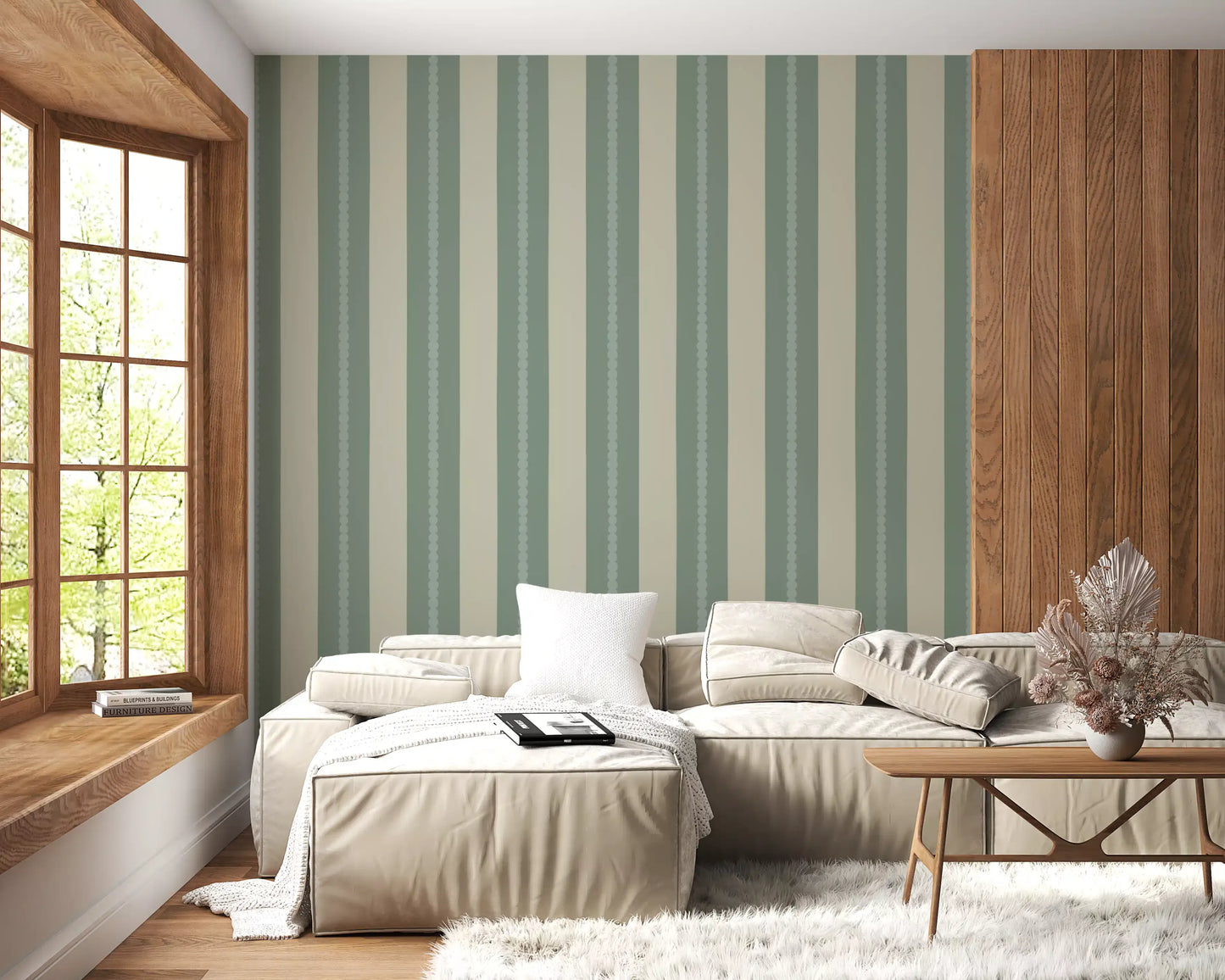Hallway wall with soft sage beige vertical striped wallpaper., GD9795