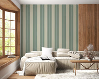 Hallway wall with soft sage beige vertical striped wallpaper., GD9795