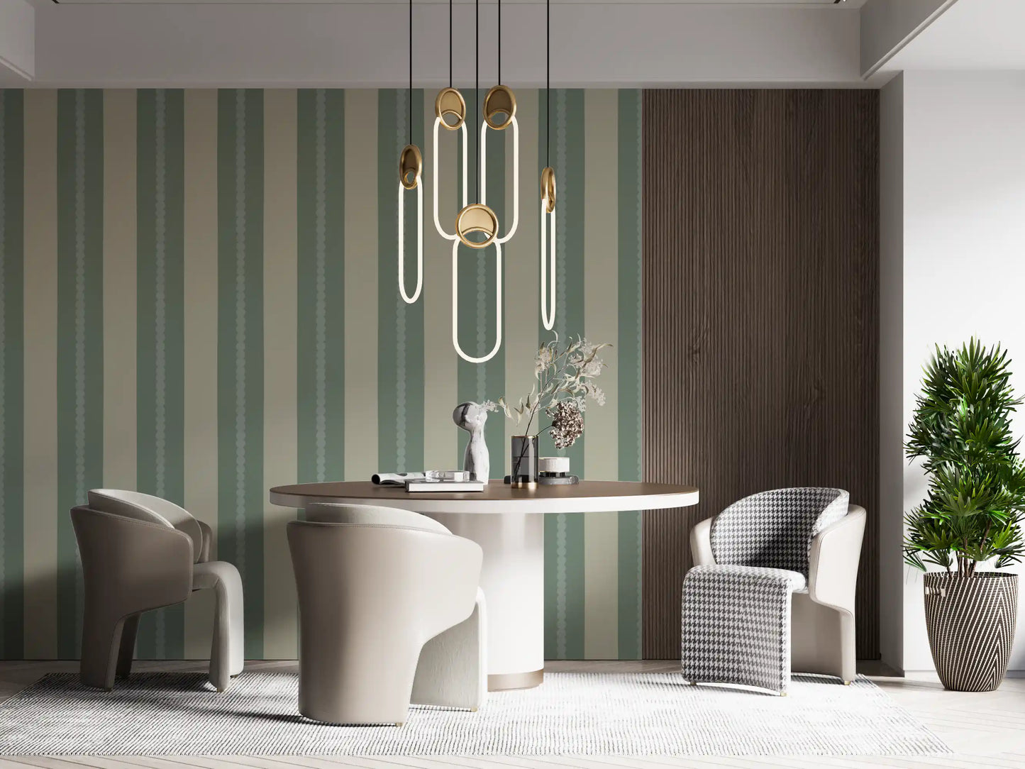Office accent wall with sage and beige striped self-adhesive wallpaper., GD9795
