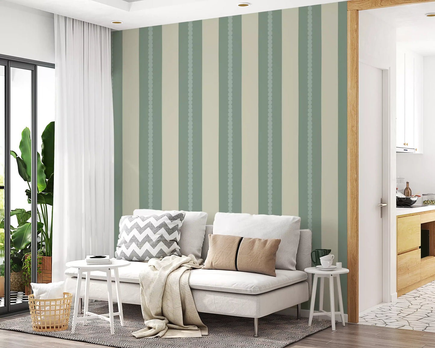 Sage and beige striped wallpaper pattern in pale tones with scalloped border detail., GD9795