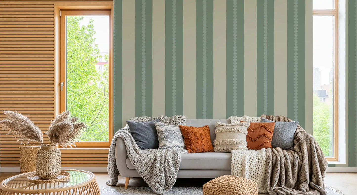 Living room accent wall covered in soft sage and beige vertical stripe wallpaper., GD9795