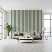 Living room wall with muted sage beige striped removable wallpaper., GD9795