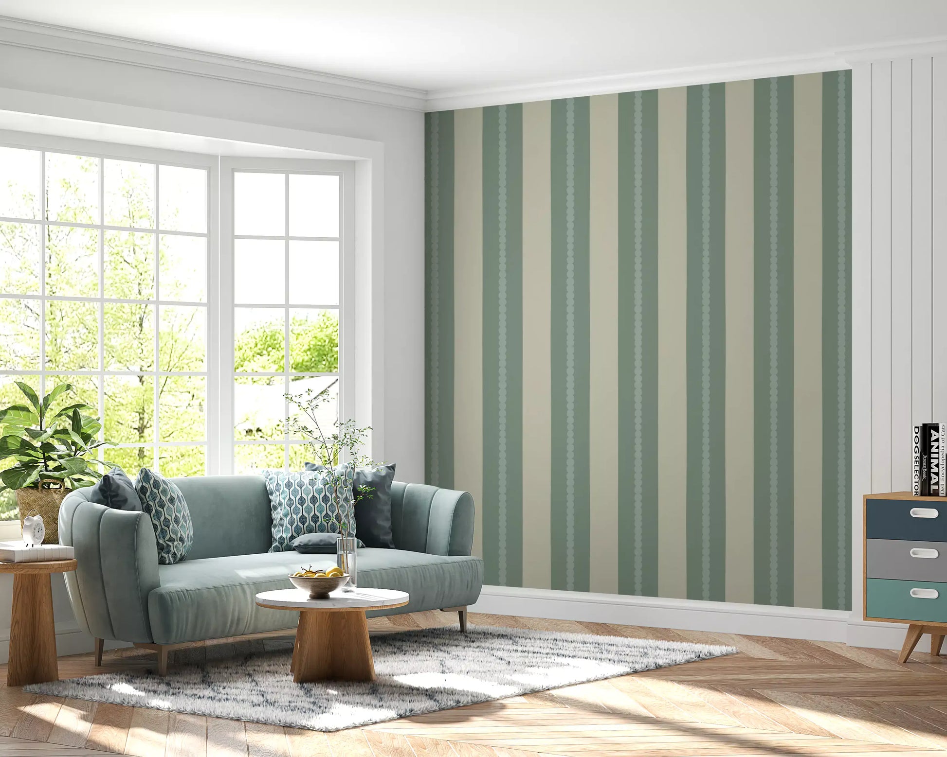 Vertical stripe wallpaper in muted sage green and warm cream with scalloped edge., GD9795