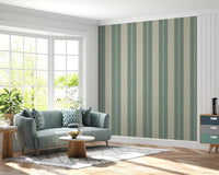 Vertical stripe wallpaper in muted sage green and warm cream with scalloped edge., GD9795