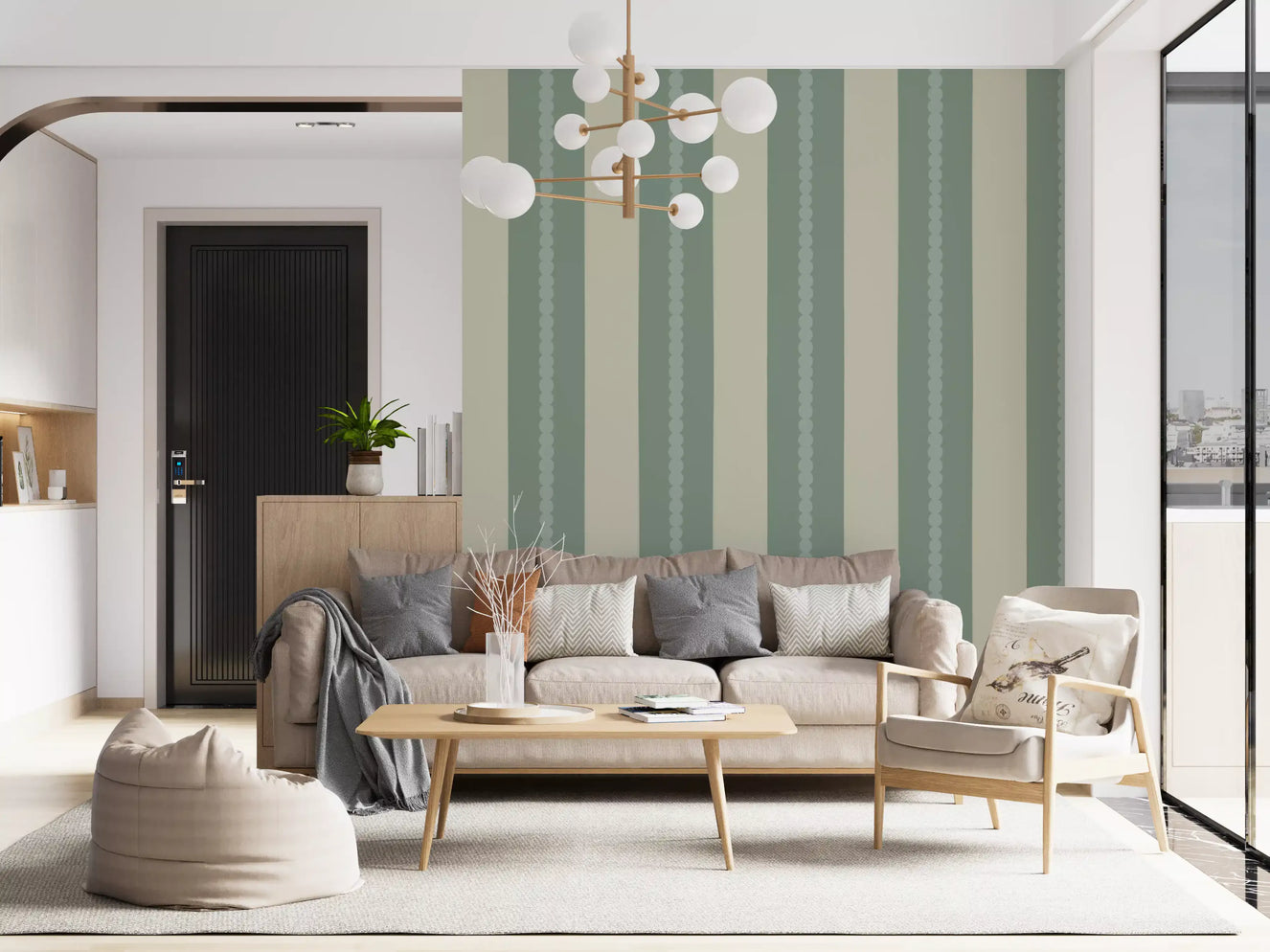 Soft Sage & Beige Stripes Wallpaper⁠