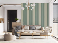 Soft sage and beige striped wallpaper with circular dot detail on centre stripe., GD9795