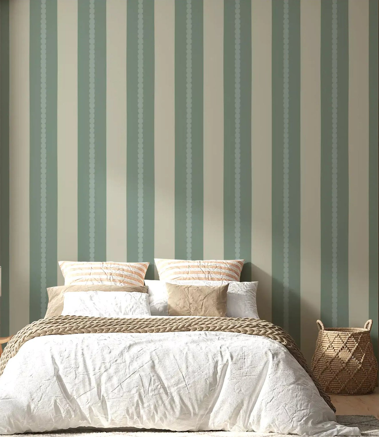 Bedroom feature wall with sage green and cream striped pattern wallpaper.