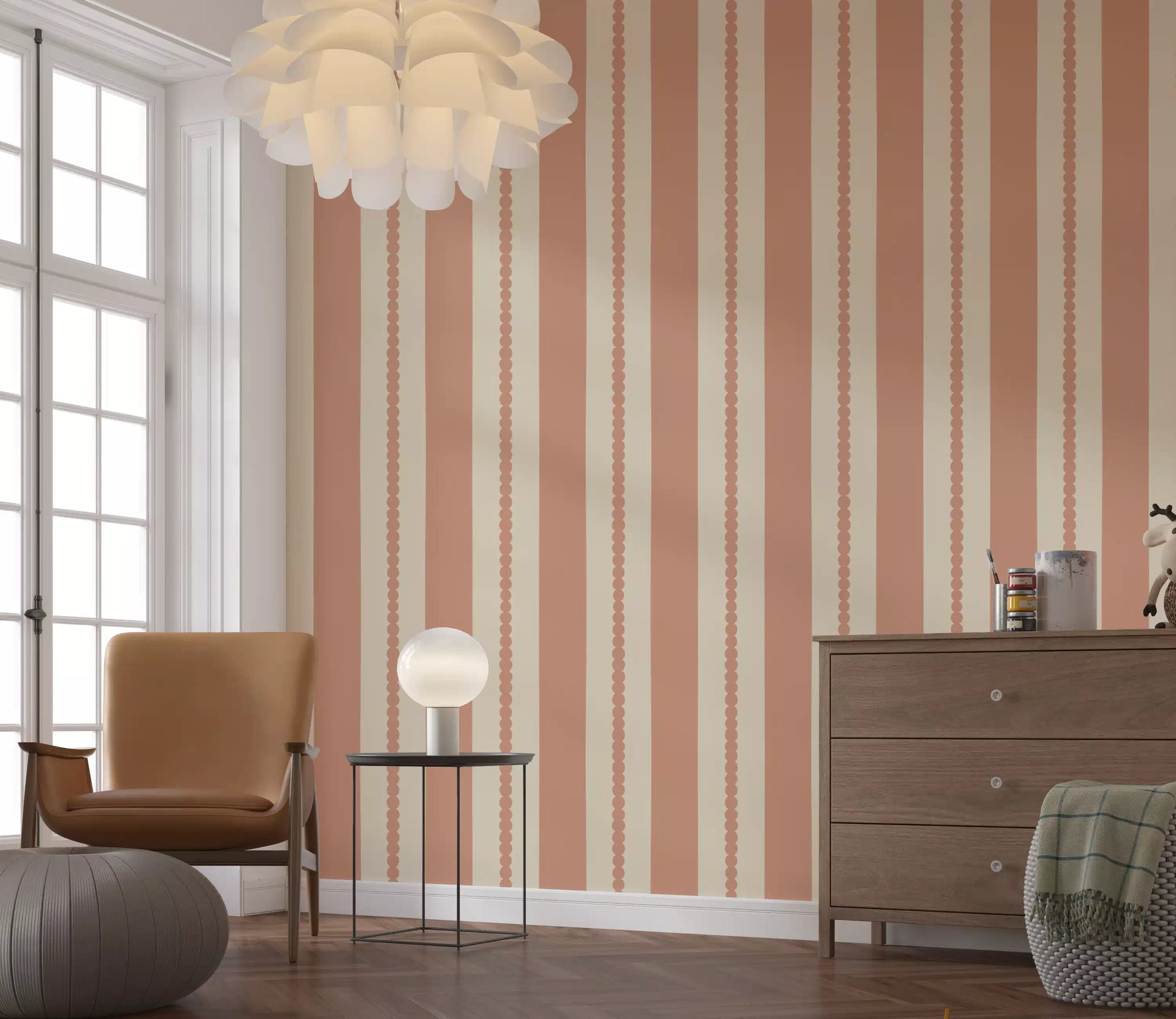 Warm sands and terracotta vertical stripe wallpaper with repeating dot column details.