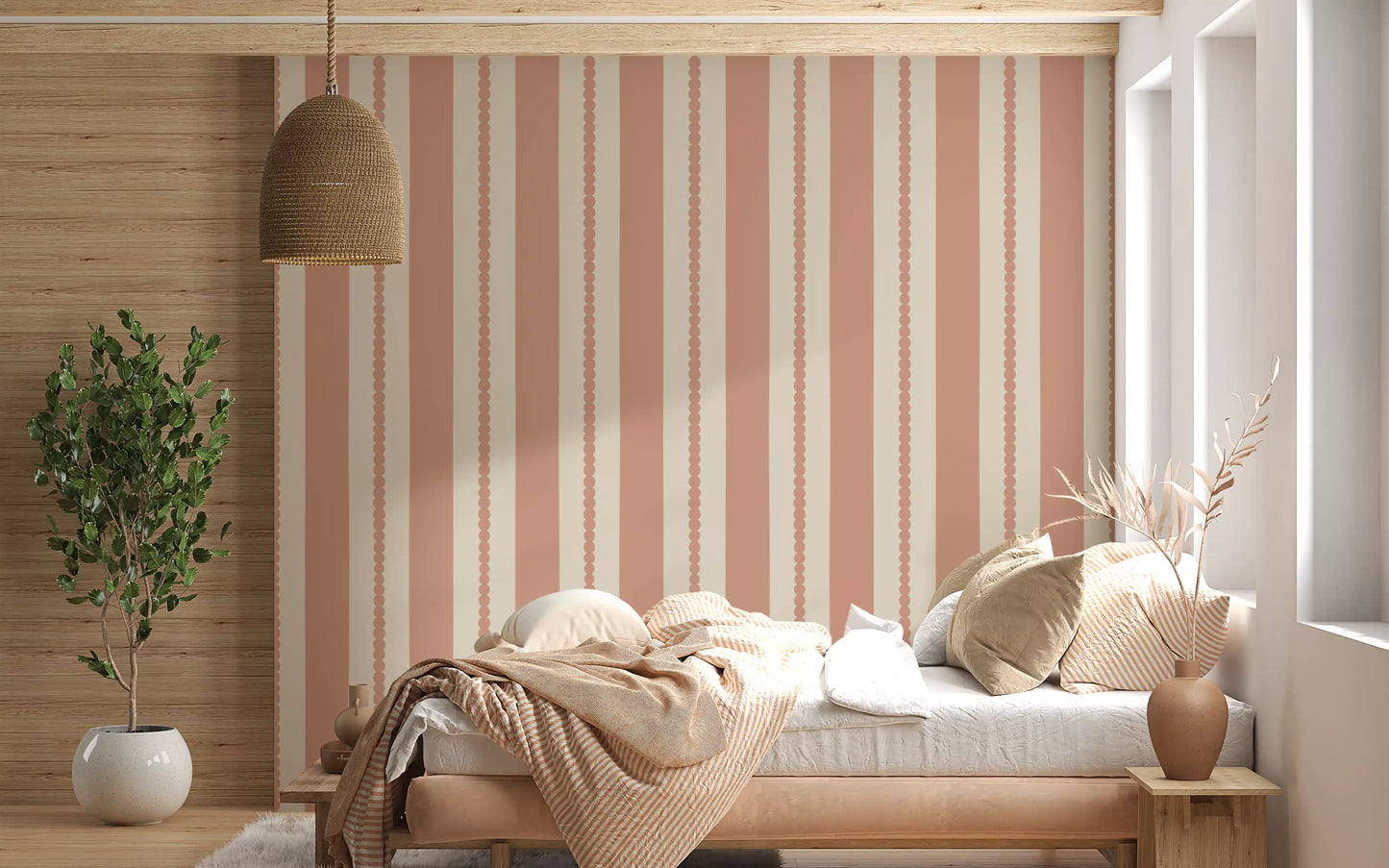 Terracotta stripe wallpaper installed on a bedroom interior wall