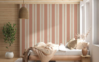 Terracotta stripe wallpaper installed on a bedroom interior wall