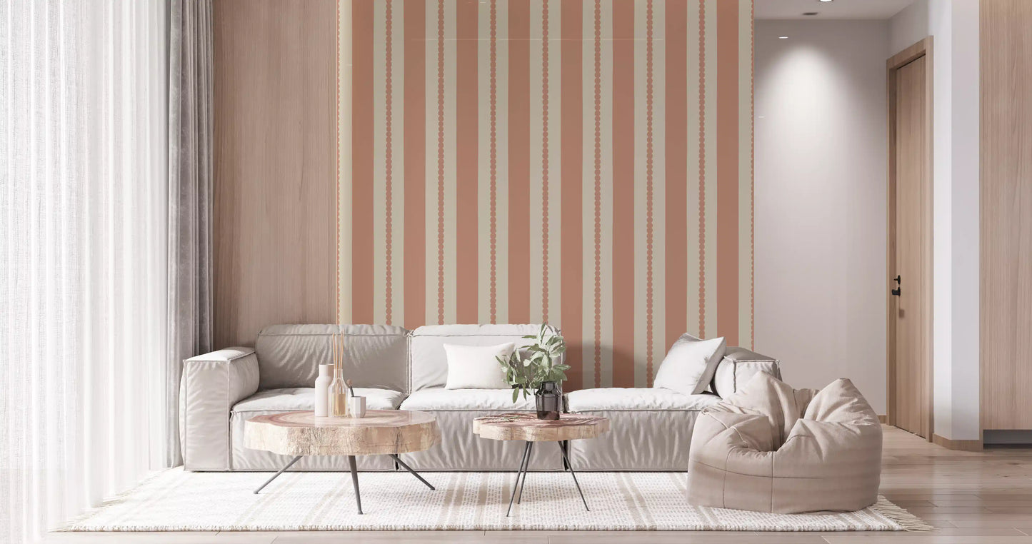 Terracotta stripe wallpaper in a living room setting with dot column detail. 
