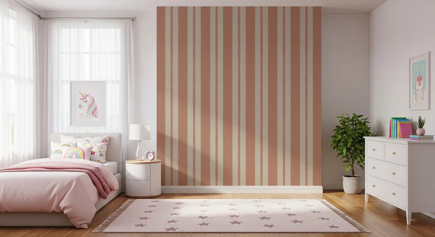 Terracotta striped wallpaper with scalloped side edge and beige band repeat pattern.