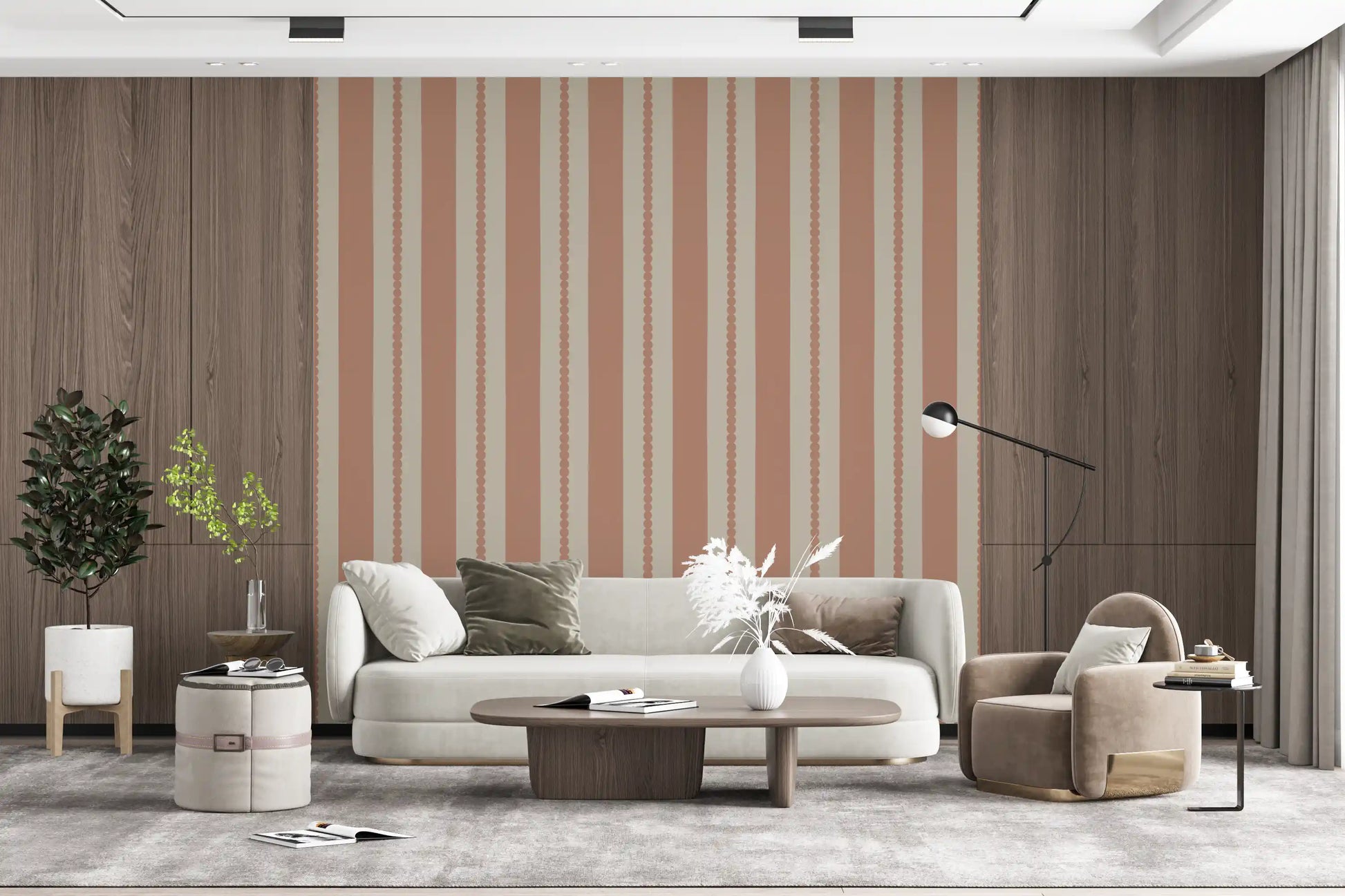 Soft terracotta and sand vertical stripe wallpaper with scallop edge repeat.
