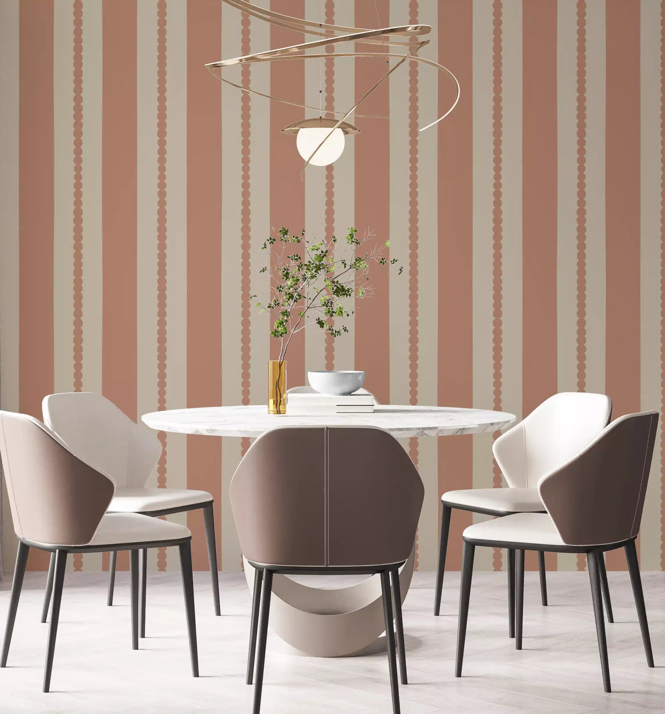 Vertical terracotta stripe wallpaper covering a dining room wall.