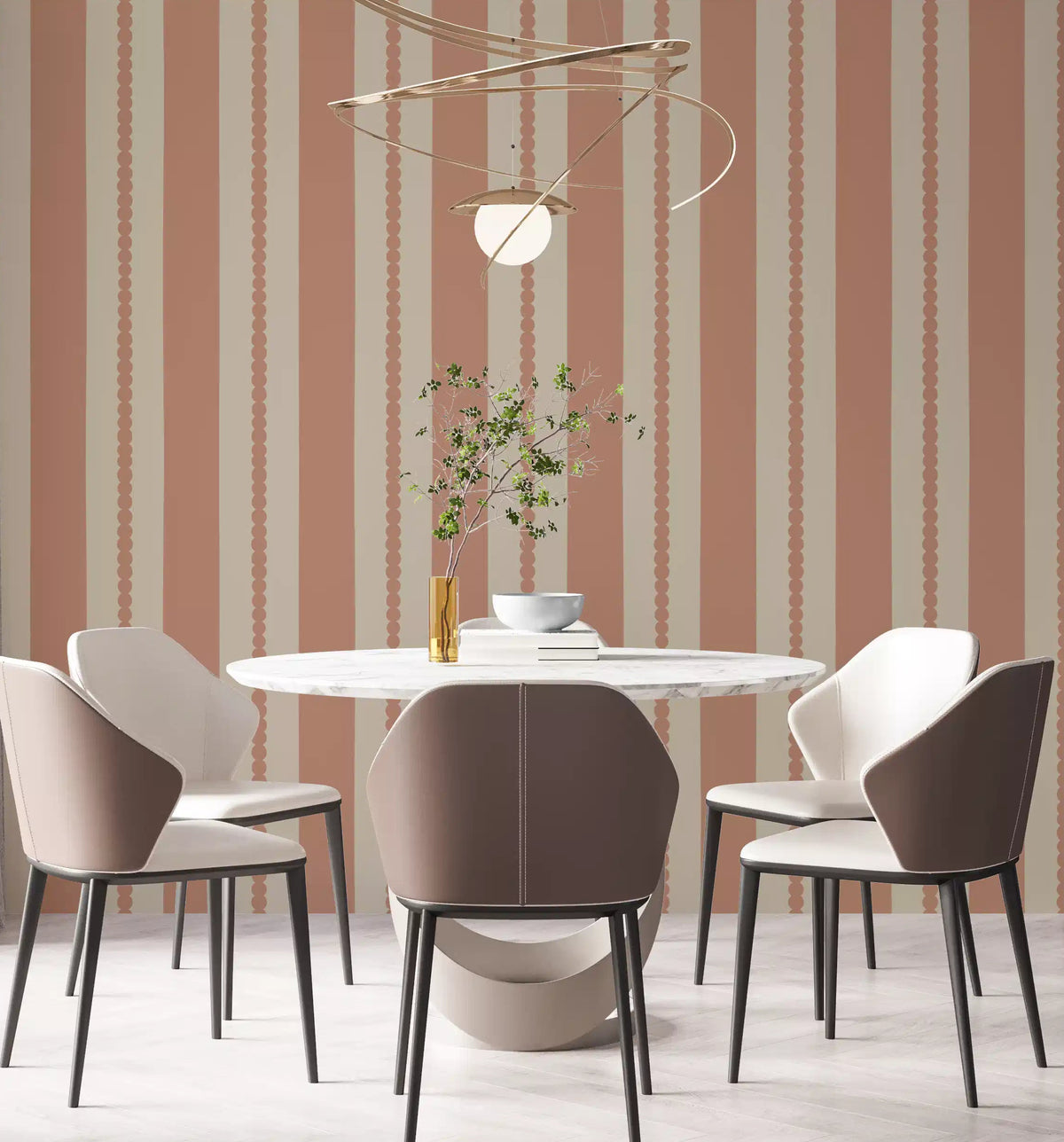 Vertical terracotta stripe wallpaper covering a dining room wall., GD9796