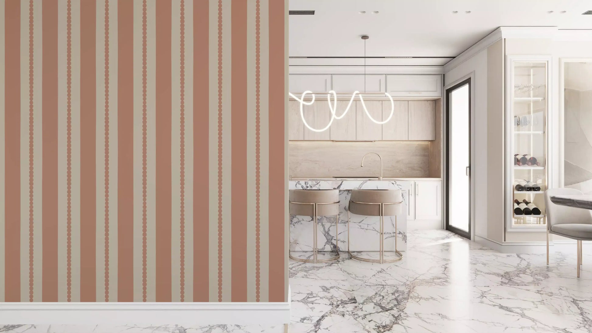 Warm sands terracotta stripe wallpaper on a hallway wall. 