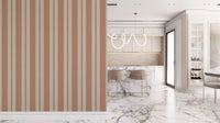 Warm sands terracotta stripe wallpaper on a hallway wall. 