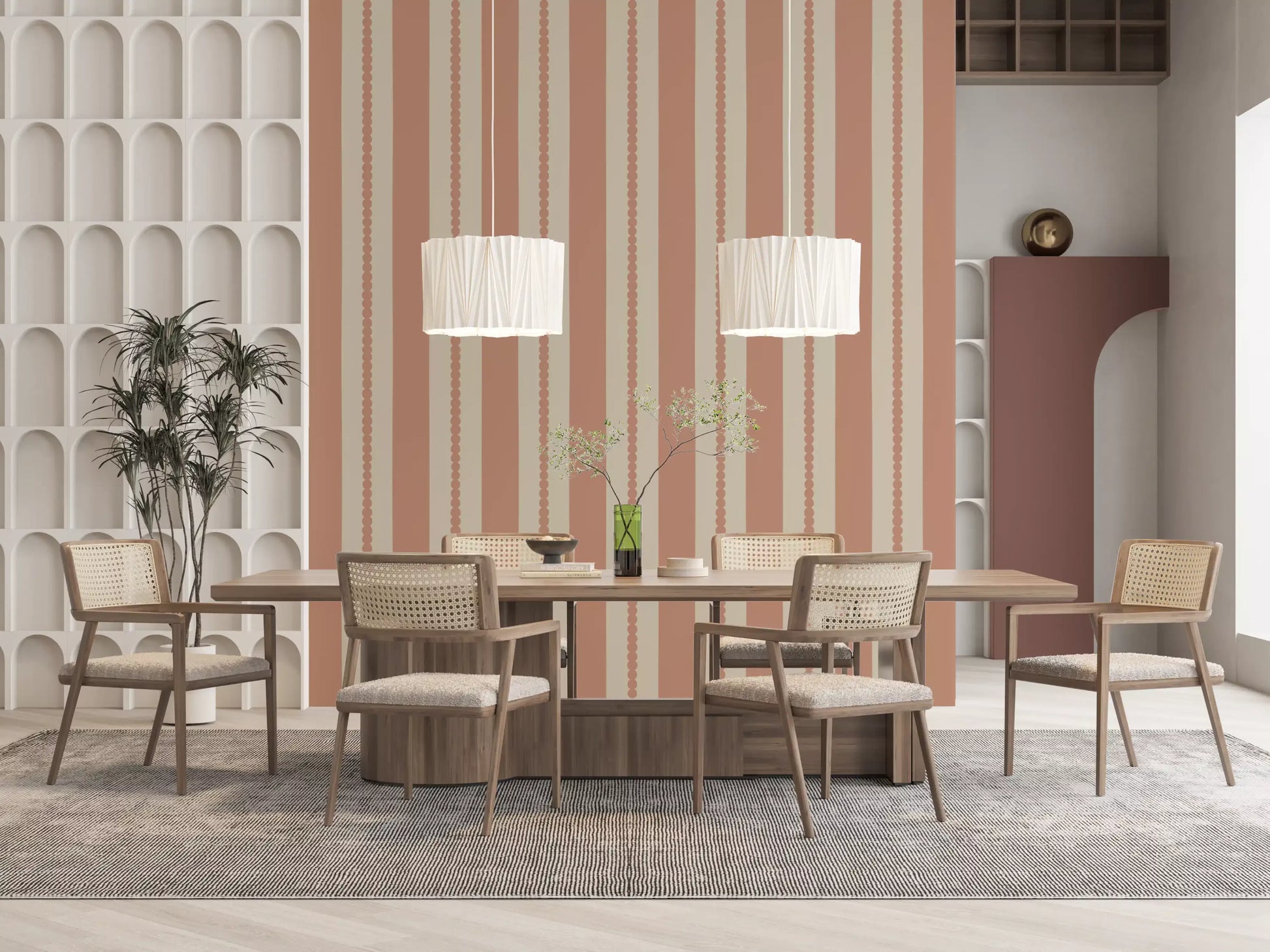 Terracotta dot column stripe and warm sand tone wallpaper pattern in dining room.