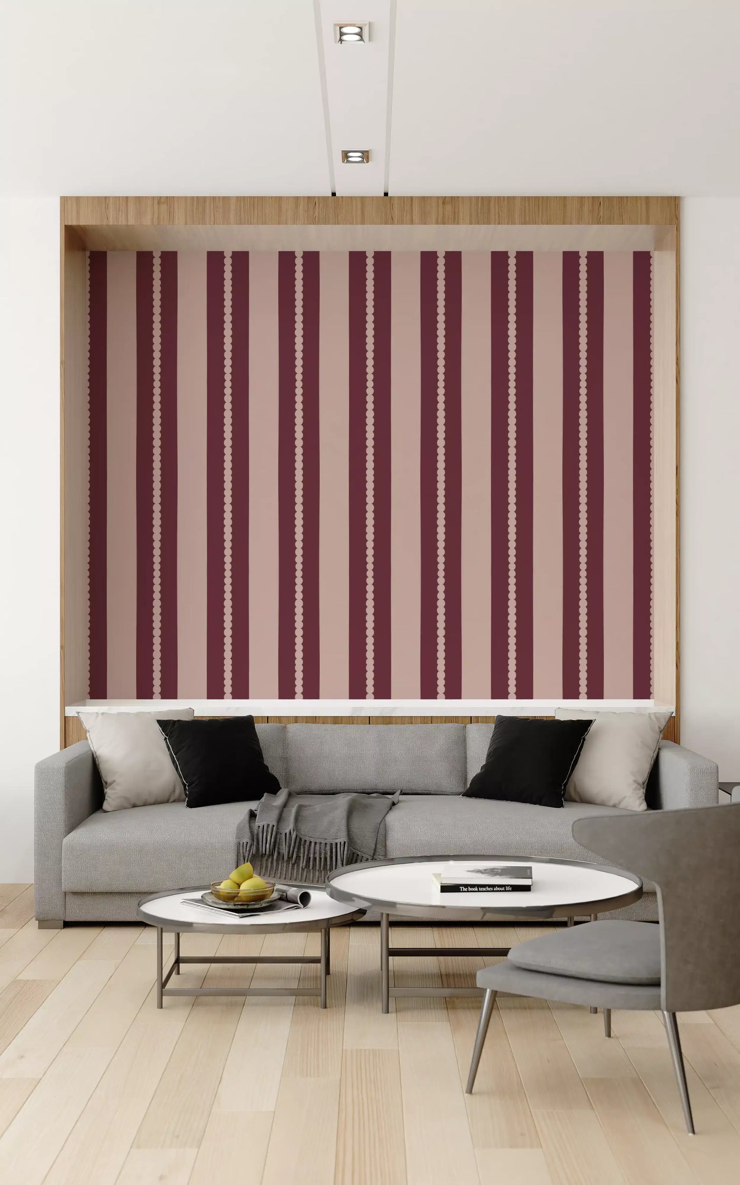 Scalloped edge stripe wallpaper in burgundy and pink tones.