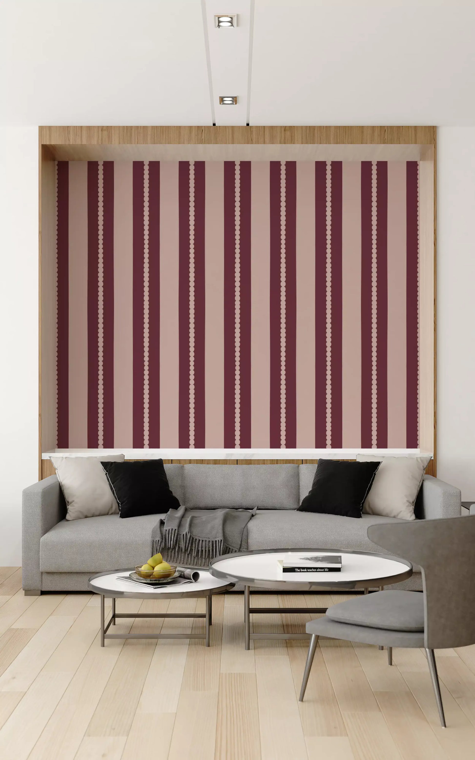 Scalloped edge stripe wallpaper in burgundy and pink tones.