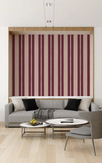 Scalloped edge stripe wallpaper in burgundy and pink tones.