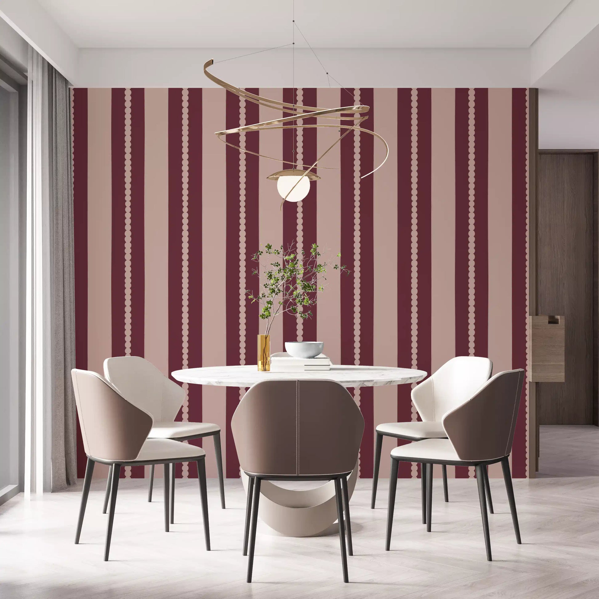 Dining room decorated with blush and berry vertical stripe wallpaper.