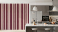 circular dot motif on blush and berry scallop stripe wallpaper in kitchen.