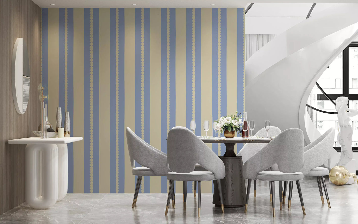 Preppy scalloped stripe wallpaper in cornflower blue and cream.