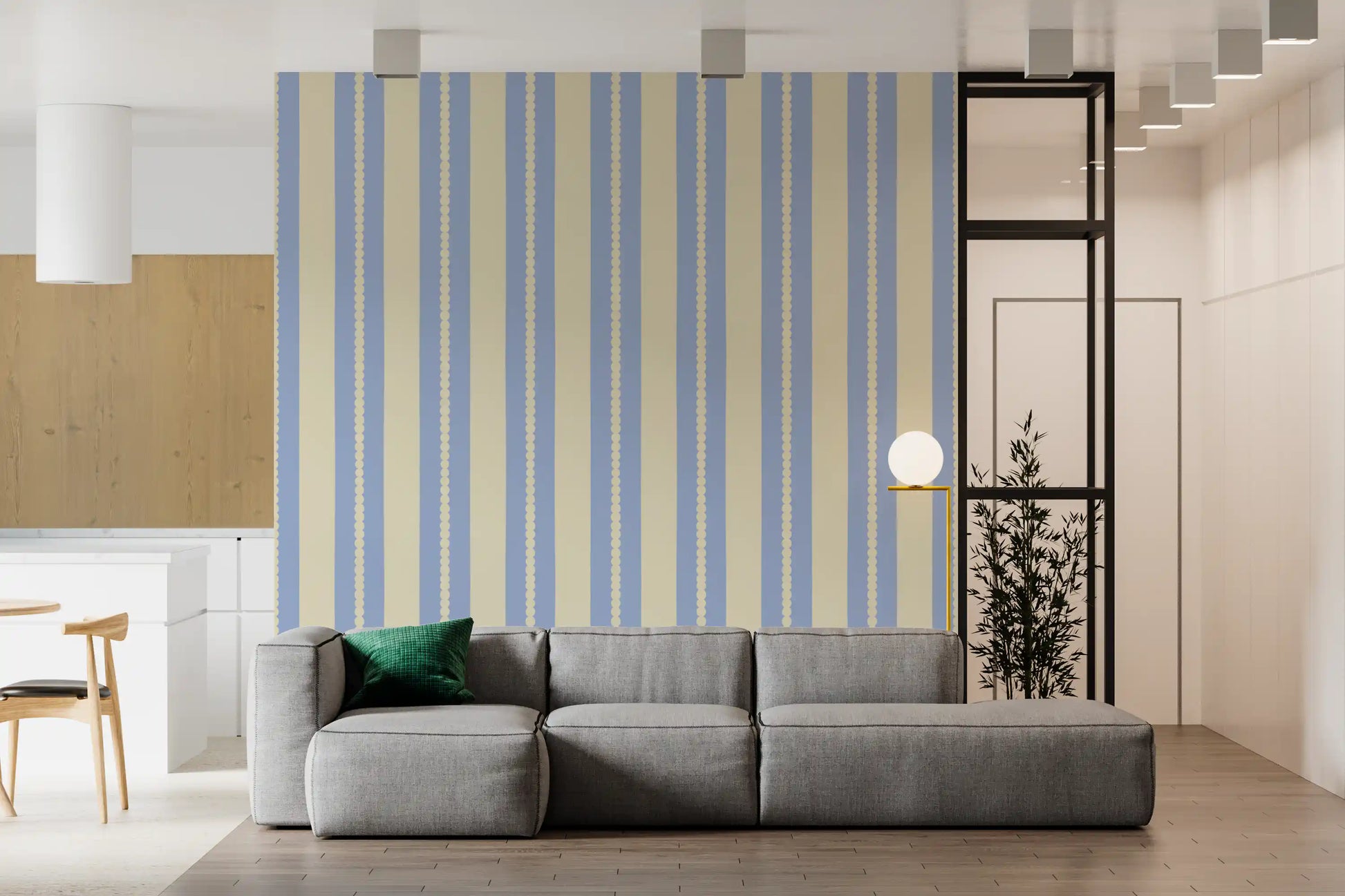 Blue scalloped stripe wallpaper in a living room interiors.