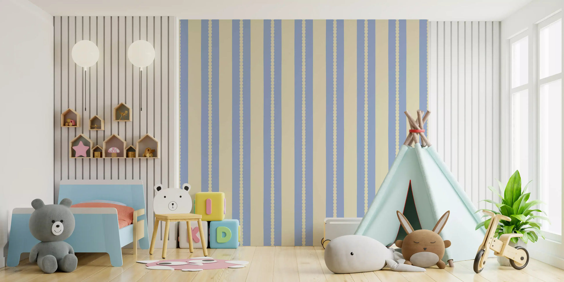 Soft blue cream striped wallpaper with decorative scalloped edge details.