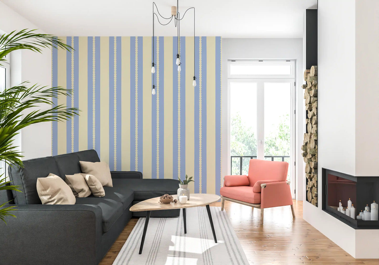 Vertical stripe wallpaper with scalloped detail in blue and cream.