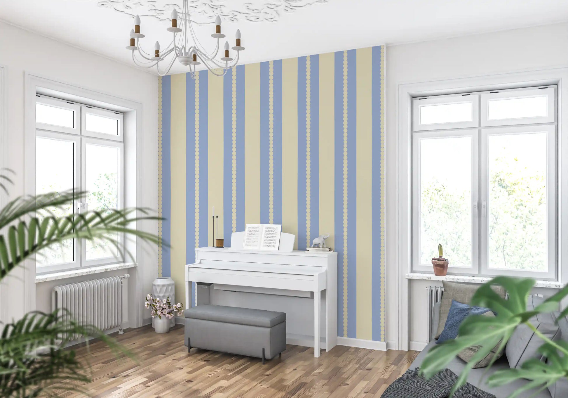Periwinkle blue stripe wallpaper with cream scalloped border and dot accent.