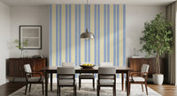 Dlue and cream scalloped stripe wallpaper with dotted detail in dining room.