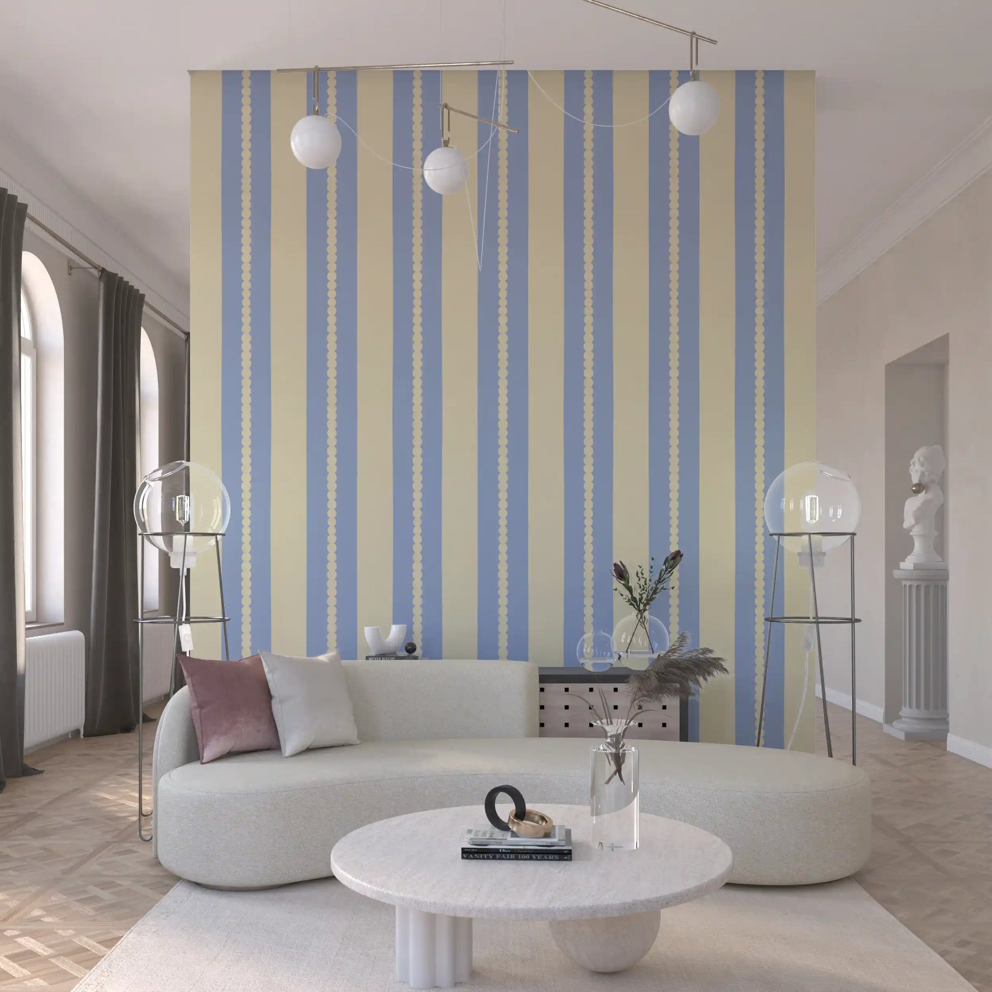 Scalloped sky stripe wallpaper in periwinkle and ivory tones.