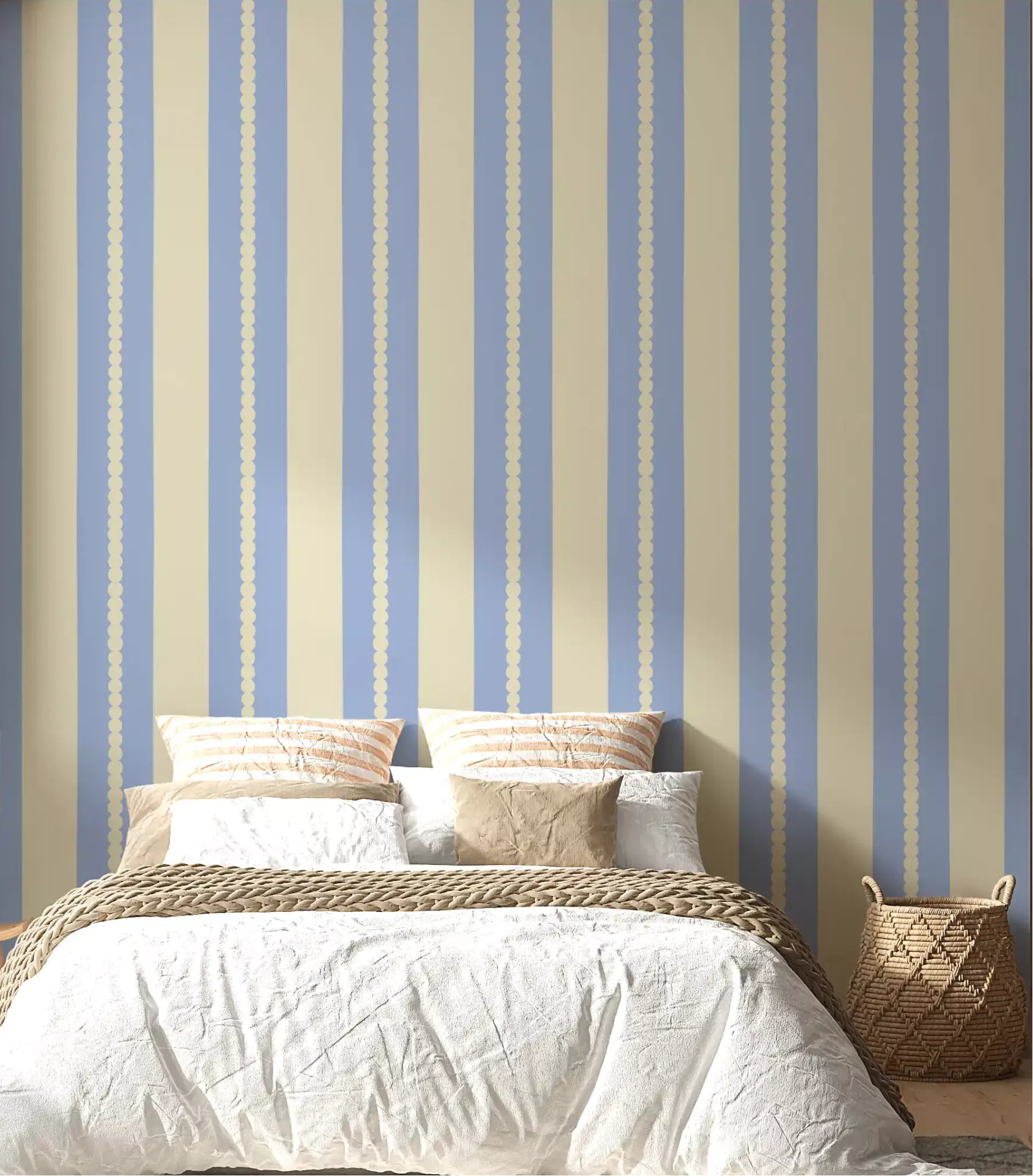 Scalloped stripe blue and cream wallpaper on a bedroom accent wall., GD9798