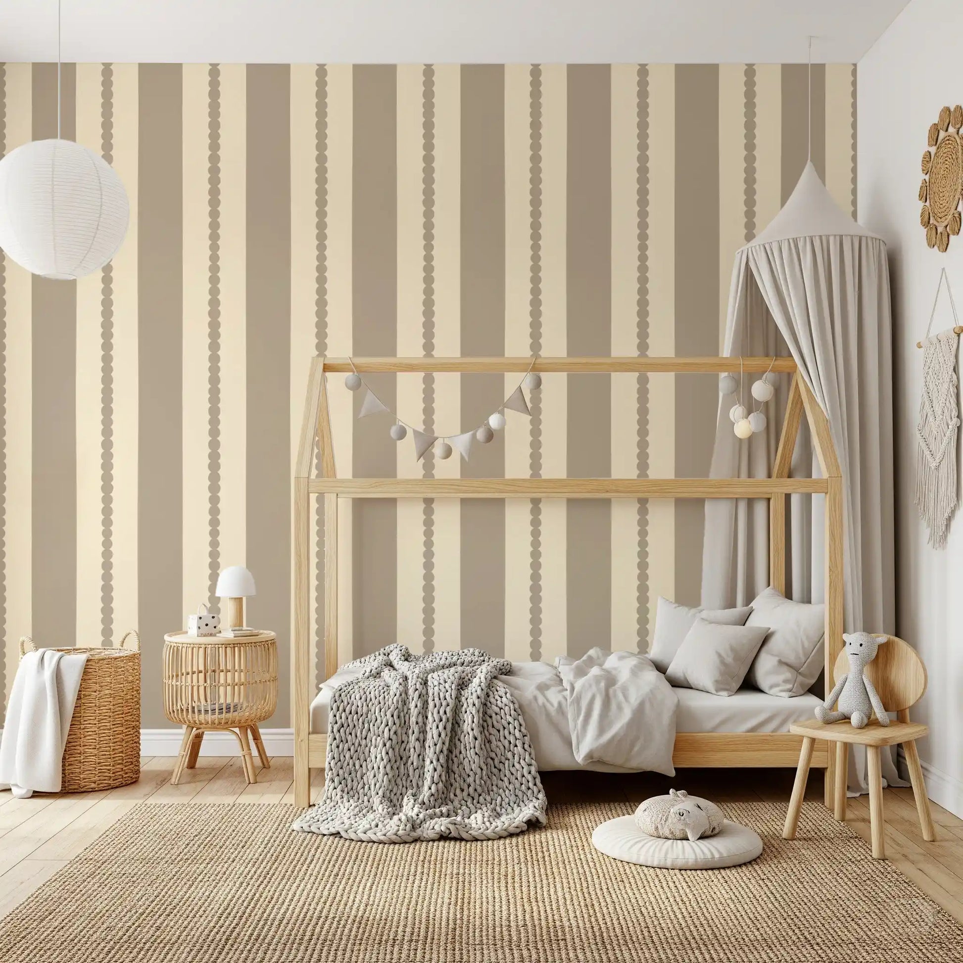 Bedroom beige and cream vertical stripes wallpaper with scalloped detail.