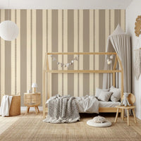 Bedroom beige and cream vertical stripes wallpaper with scalloped detail.