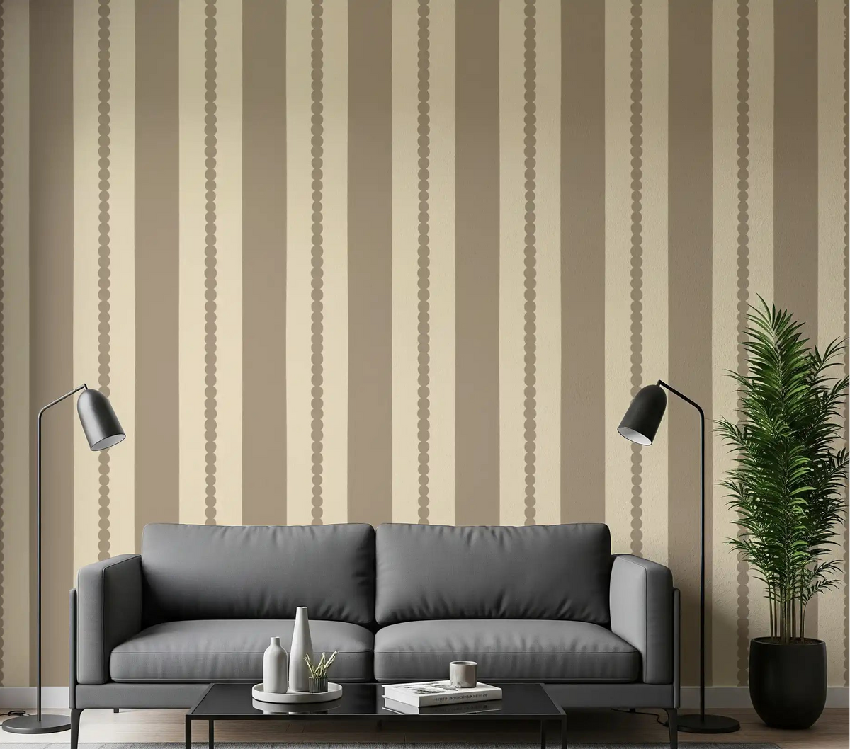 Taupe vertical stripes with scalloped edges wallpaper in living room., GD9799