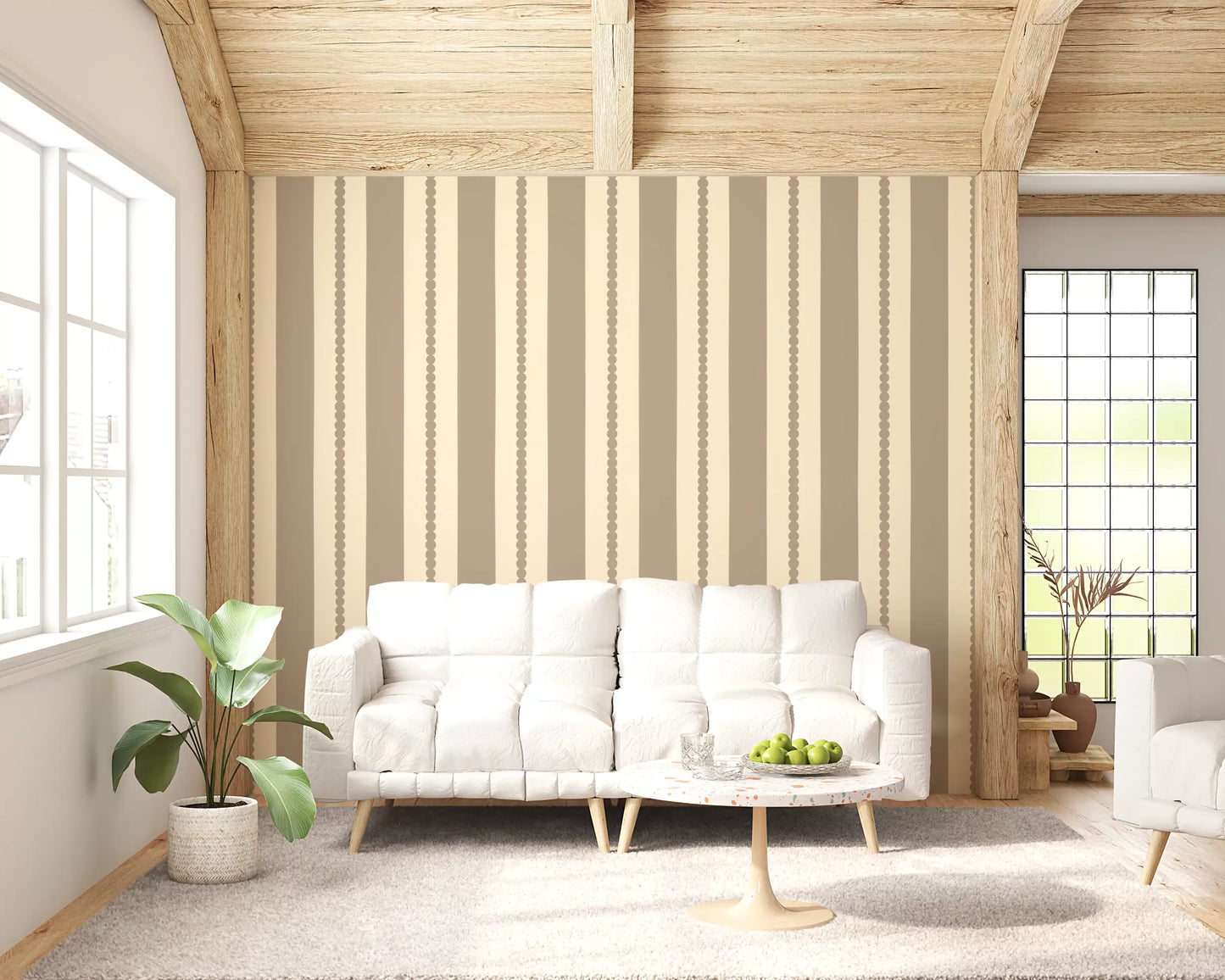Neutral tone vertical stripe wallpaper with dot centre details.